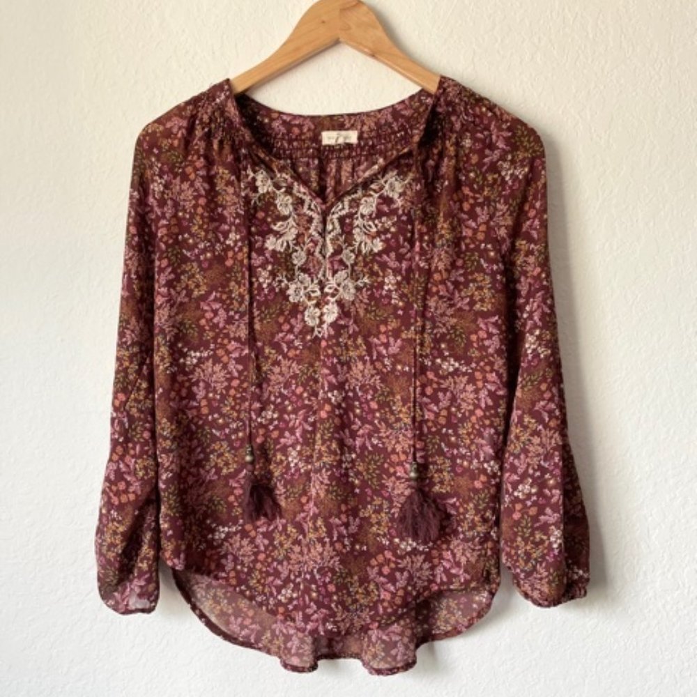 Floral Embroidered Blouse - Burgundy